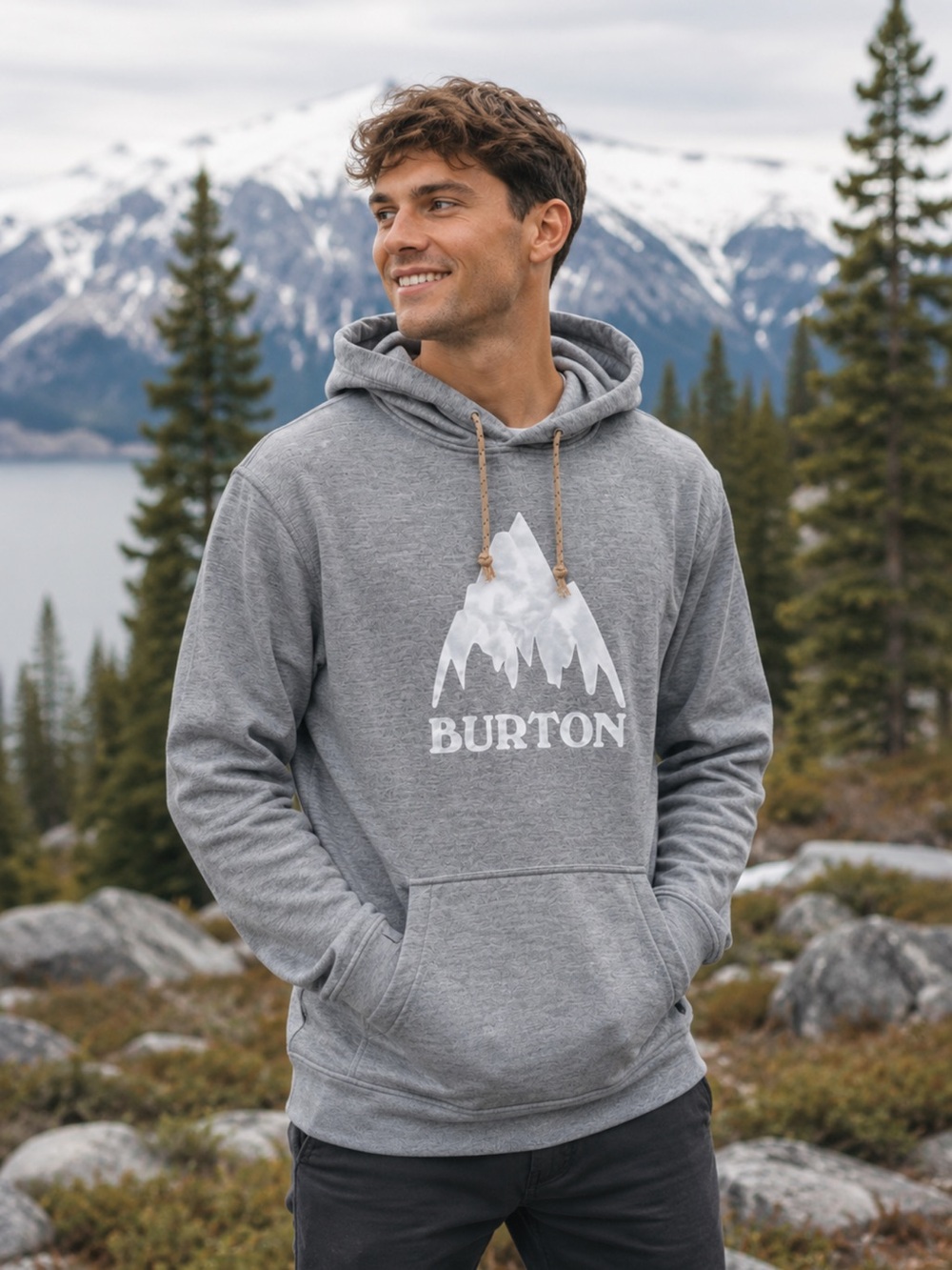 Burton Gray White Graphic Logo Pullover Hoodie Sweatshirt Large Snowboard